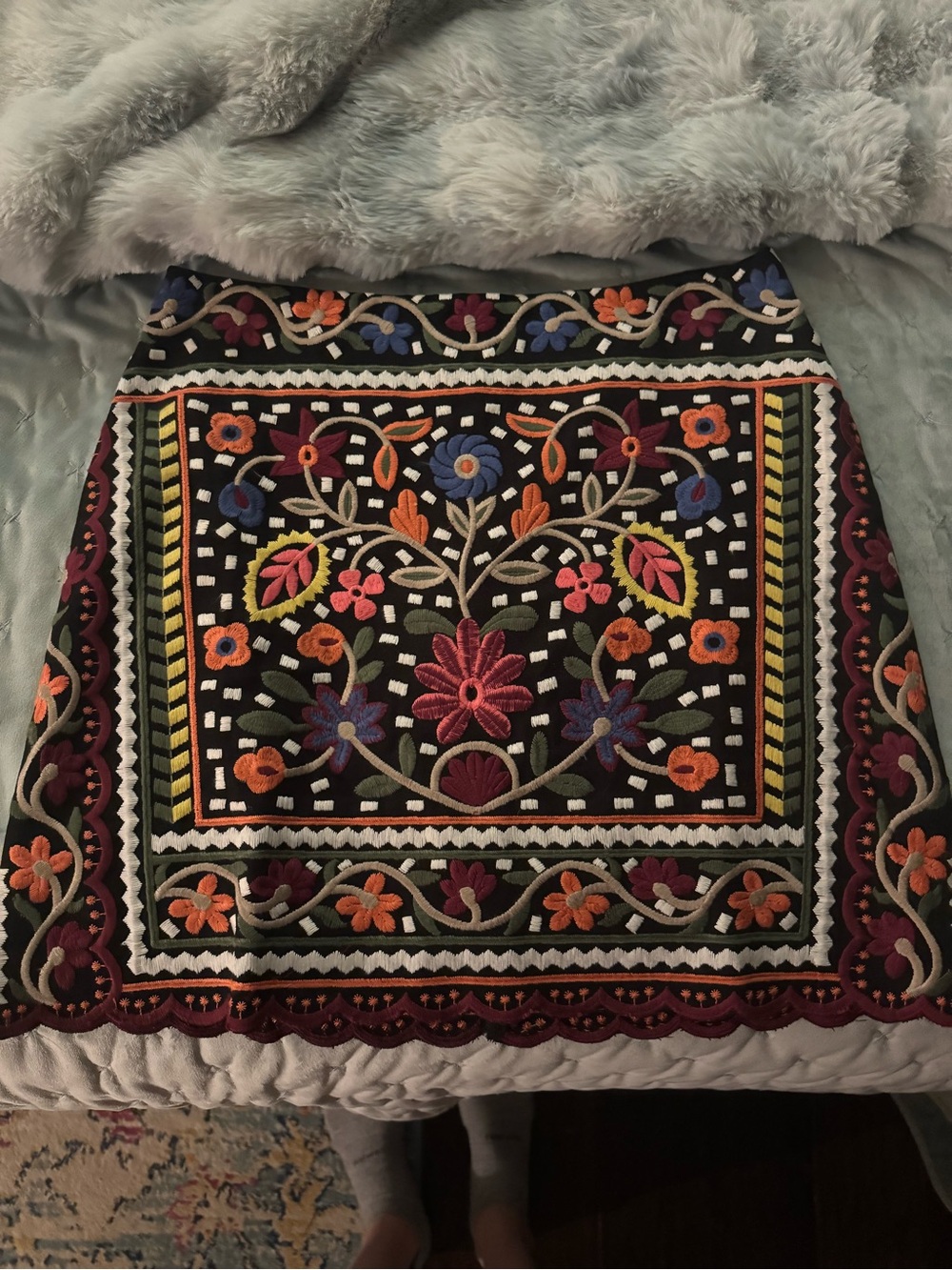 Black Mini Skirt with Multicolor Floral Embroidery